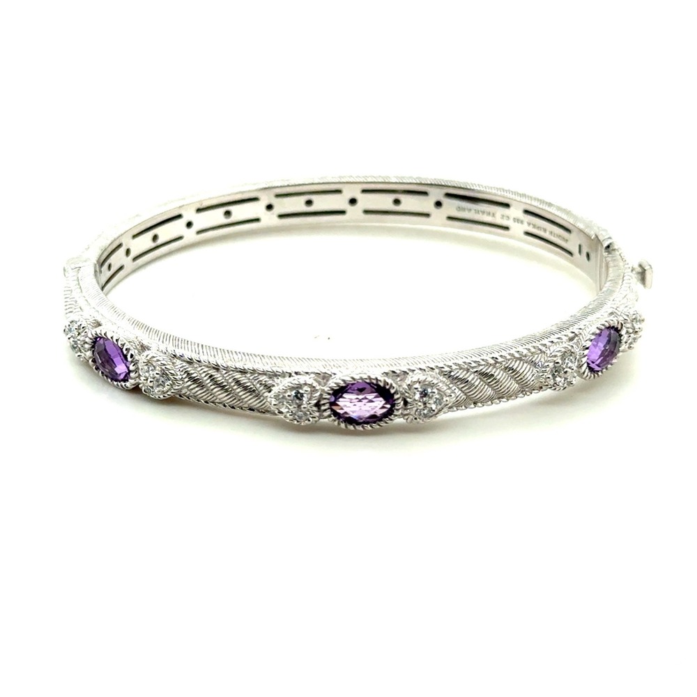 Judith‎ Ripka Sterling Silver Amethyst CZ Hinge Rope Bangle Bracelet